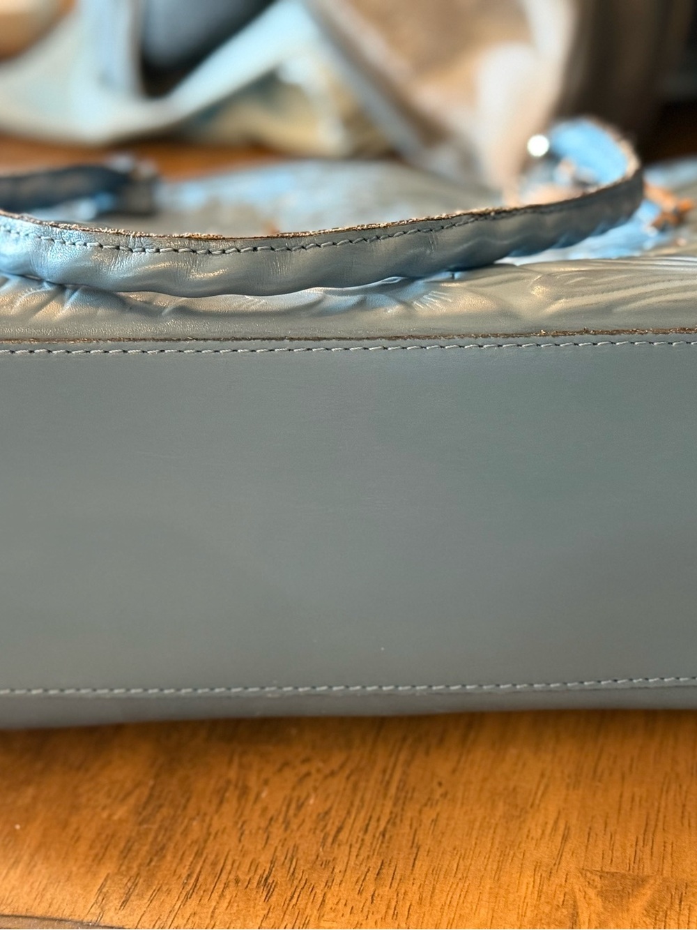 PATRICIA NASH “ADELINE” SAFFLOWER BLUE LEATHER CUT-OUT TOOLED EMBOSSED TOTE - Picture 12 of 16